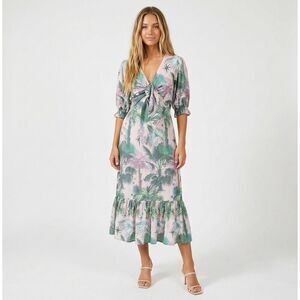 Lobo Rosa Palm Print Tie Front Cutout Midi Dress Small Tropical Resort Pink Boho